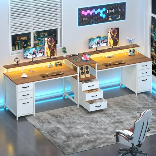 Miniatura 9 de YOMILUVE Escritorio para Computadora de 98.4" de Largo con 9 Cajones, Escritorio de Juegos para 2 Personas con Luces LED y Toma de Corriente