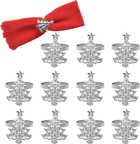 Miniatura 8 de Juego de 12 servilleteros de árbol de Navidad, soporte de hebilla dorada para banquetes, reuniones familiares, cena de mesa, decoración de boda