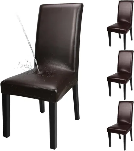 Miniatura 14 de YISUN Fundas para sillas de comedor, cuero sintético macizo, impermeable y resistente al aceite, elásticas, protectoras (negro, paquete de 4)