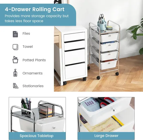 Miniatura 4 de COSTWAY Carrito de almacenamiento rodante con 4 cajones, carrito de almacenamiento de plástico y organizador con 4 cajones extraíbles, carrito