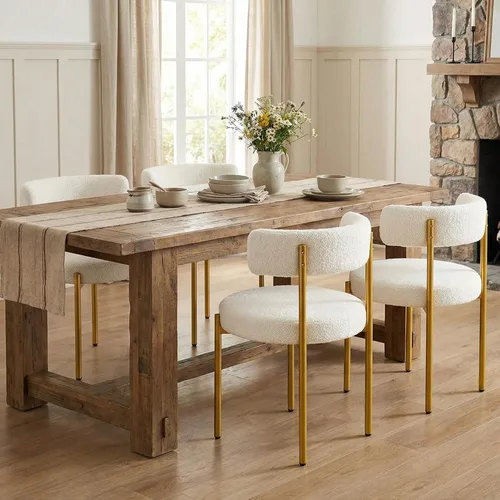 Miniatura 19 de Juego de 2 sillas de comedor Boucle, sillas de comedor beige con asiento tapizado y respaldo redondo, sillas de cocina modernas de mediados de siglo