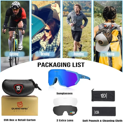 Miniatura 5 de Queshark - Gafas de ciclismo, lentes de sol deportivos para hombres y mujeres, 1 lente polarizada 2 HD, lentes de sol polarizados para ciclismo