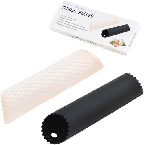 Juego de 2 peladores de ajo de silicona, tubo de rodillo fácil, útil herramienta de cocina sin olor (color negro, transparente)