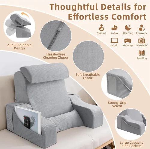 Miniatura 6 de 5 almohadas de lectura para sentarse en la cama para adultos, almohada plegable 2 en 1 con cuña para dormir, almohada ergonómica de apoyo de espalda