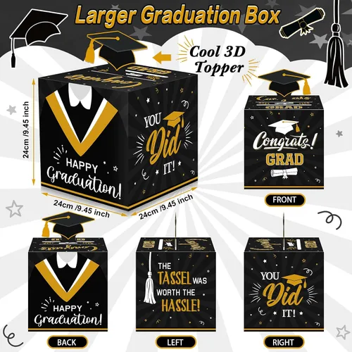 Miniatura 2 de Funrous Caja grande para tarjetas de graduación 2026 en negro y dorado con 30 piezas de tarjetas de consejos, caja de dinero, caja de dinero