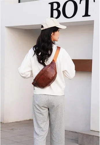 Miniatura 27 de Ausion Riñonera de cuero para hombres y mujeres, cangurera para senderismo, correr, viajes, múltiples bolsillos - Riñonera con cremalleras Marrón