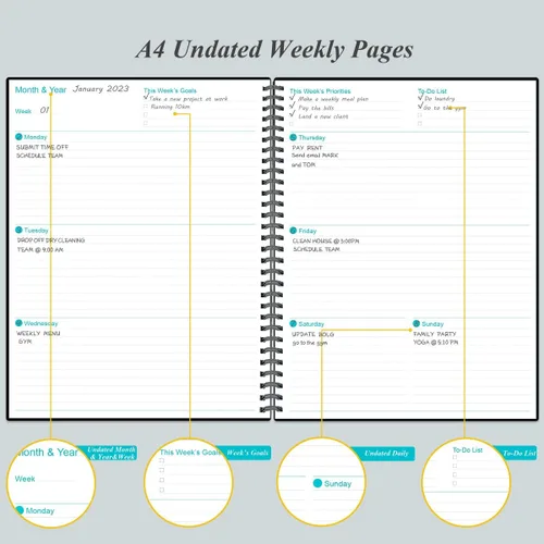 Miniatura 4 de Planificador Pro sin fecha - Agenda semanal y mensual de 8.5 x 11 pulgadas para lograr objetivos y aumentar la productividad, agenda diaria sin
