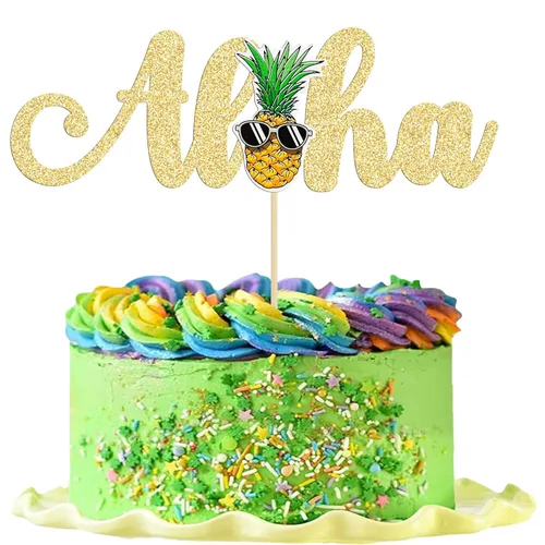 Miniatura 12 de Gyufise 1 pieza de decoración de pastel de feliz cumpleaños tropical hawaiano Luau pastel Pick Glitter Flamingo Flower Plam Leave Pineapple Cake
