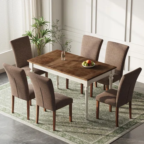 Miniatura 17 de Juego de 2 sillas de comedor de granja, respaldo alto con patas de madera y ribete de cabeza de clavo, silla de comedor de tela moderna