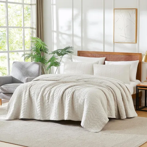 Miniatura 3 de palassio Juego de ropa de cama de algodón beige tamaño Queen con fundas de almohada, colcha ligera y suave, funda de edredón acolchada color crema