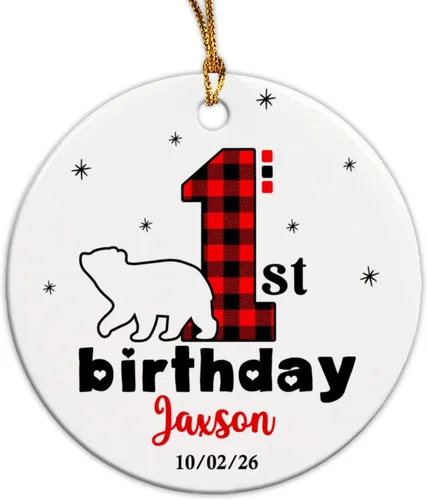 Adorno personalizado de primer cumpleaños de oso bebé, adorno personalizado para la primera Navidad del bebé, adornos de cerámica de feliz