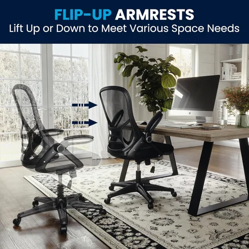 Miniatura 10 de Flash Furniture Porter - Silla de oficina giratoria ergonómica de malla negra con marco negro y brazos abatibles