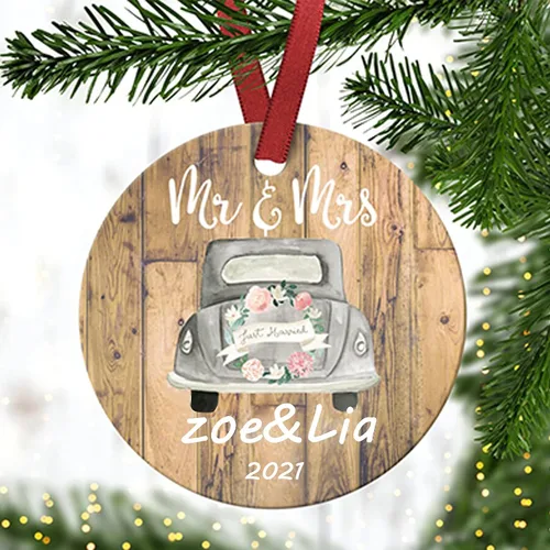Miniatura 6 de Adorno de matrimonio de 1ª Navidad – Adorno de Navidad «Just Married» – Adorno de señor y señora – Adornos de boda – 1ª Navidad comprometida