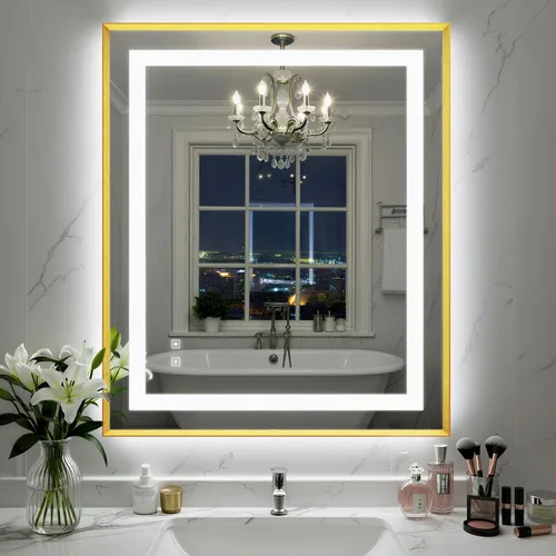 Miniatura 44 de Espejo de baño LED de 24 x 32 pulgadas con luces, espejo de tocador de baño con marco negro con luz frontal + retroiluminación para pared, vidrio