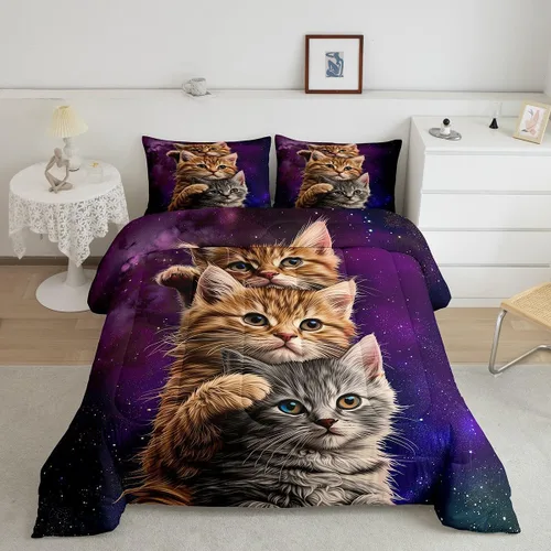 Miniatura 42 de Erosebridal Lindo juego de edredón de gato, tamaño individual, kawaii, fresa, juego de ropa de cama para niñas, diseño de arco iris, edredón rosa