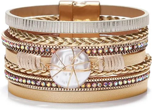 Miniatura 37 de Fesciory - Pulsera de leopardo para mujer, estilo bohemio de cuero multicapa con perlas de cristal