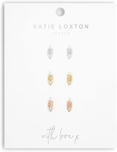 Katie Loxton Florence Feathers - Juego de 3 pares de aretes tipo dormilona chapados en oro rosa, oro y plata, talla única, Metal
