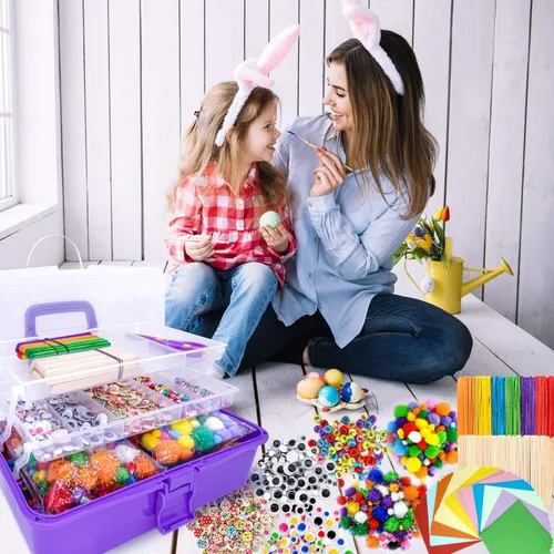 Miniatura 5 de kortes Suministros de arte y manualidades jumbo para niños, juego de suministros de arte de bricolaje incluye limpiapipas, pompones, plumas, caja