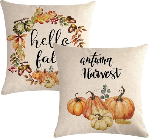 7COLORROOM Juego de 2 fundas de almohada de calabaza con decoración de otoño, cosecha de otoño, corona de calabaza, fundas de cojín de 18 x 18