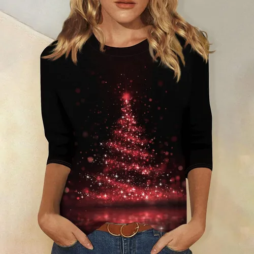 Miniatura 60 de Camisetas de manga 3/4 para mujer, cuello redondo, holgadas, casuales, con estampado floral, camisetas de moda para el trabajo de negocios