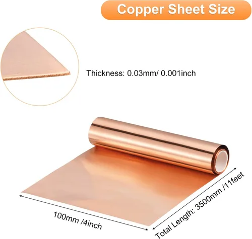 Miniatura 2 de uxcell Rollo de chapa de cobre para tapajuntas 3500 mm x 100 mm x 0,03 mm, tira de cobre puro al 99,9% de 4" x 11,5 pies, placa de hoja de metal