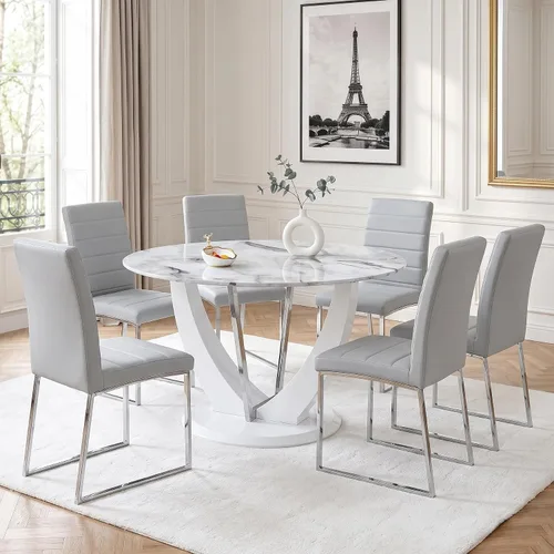 Miniatura 25 de Juego de mesa de comedor redonda para 4, mesa moderna de 48" con tapa de mármol sintético falso y pedestal brillante negro, juego de mesa de cocina