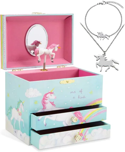 Jewelkeeper Caja de música de unicornio y juego de joyas para niñas pequeñas 3 regalos de unicornio para niñas joyero para niñas cajas de música