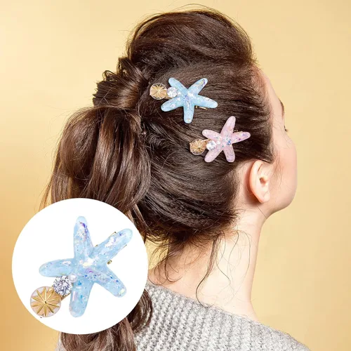 Miniatura 6 de PAGOW 3 pinzas para el cabello con estrella de mar, pinzas para el cabello de cristal, soporte para cola de caballo de estrella de mar, accesorios