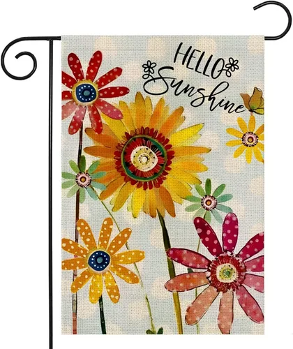 Bandera de jardín de flores de verano de 12 x 18 pulgadas, de doble cara, banderas de jardín pequeñas con diseño de margaritas y girasoles de Hello