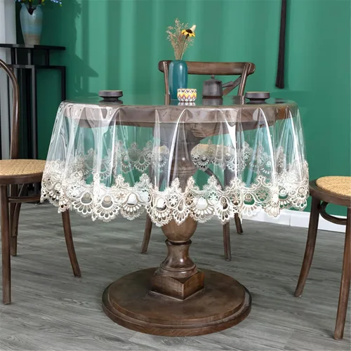 Miniatura 18 de Mantel redondo de plástico transparente, impermeable, de vinilo, PVC, bordado, borde de encaje, transparente, para cocina, uso en exteriores e