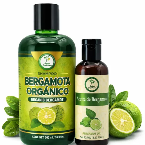 Champú Bergamota Orgánico (16.9 fl oz) con Aloe Vera y Romero + Aceite de Bergamota (4.2 fl oz) | Champú Orgánico Bergamota con Sábila & Romero +