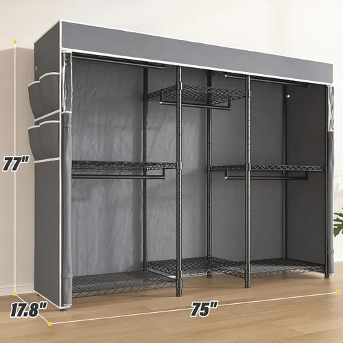 Miniatura 7 de Raybee Perchero de ropa con cubierta, perchereros para colgar ropa resistente, armario portátil con estantes, ajustable, carga de 905 LBS, negro