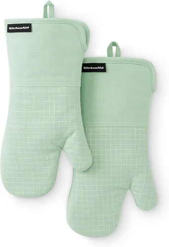 Miniatura 12 de KITCHENAID Gourmet Series Gridlines - Juego de 2 guantes de horno resistentes al calor hasta 600 °F, agarre de silicona suave, puño magnético, verde