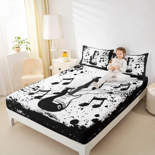 Miniatura 18 de Erosebridal Juego de sábanas de tamaño individual con temática musical, con estampado de notas musicales, juego de cama ajustable en blanco y negro