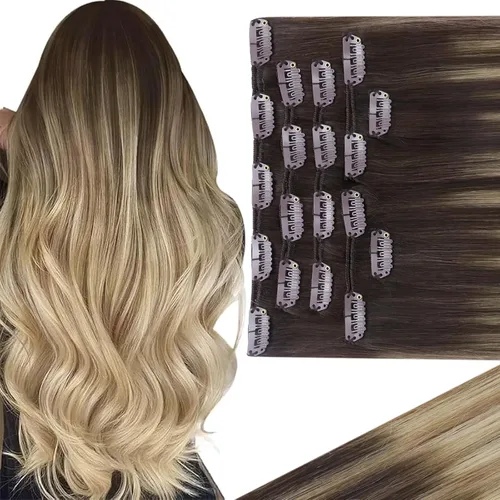 Miniatura 47 de Ve Sunny Extensiones de cabello clip-in de cabello humano real con reflejos, extensiones de cabello con clip para cabello corto, marrón oscuro