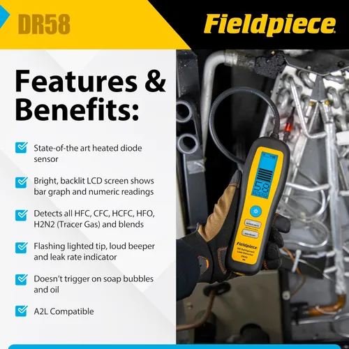 Miniatura 2 de Fieldpiece - DR58 Detector de fugas de refrigerante con diodo calentado - Ultrasensible localizador de fugas con pantalla LCD retroiluminada grande