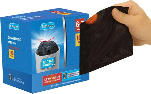 Feisco Bolsa de basura negra de 6 a 7 galones, forro de cubo de basura con cordón mediano, 100 unidades, 0.67 mil