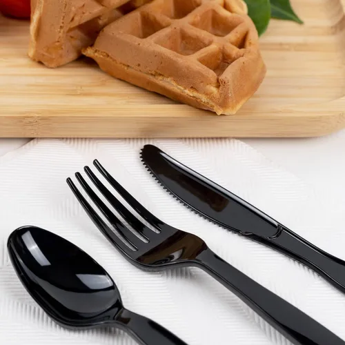 Miniatura 7 de POSATE Cucharas de plástico pesadas, color negro, paquete de 100, utensilios desechables para suministros de fiesta