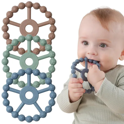 Paquete de 3 Mordedores de Anillo Juguetes para Bebés e Infantes, Artículos Esenciales para Bebés, Juguetes de Anillo de Dentición de Silicona para