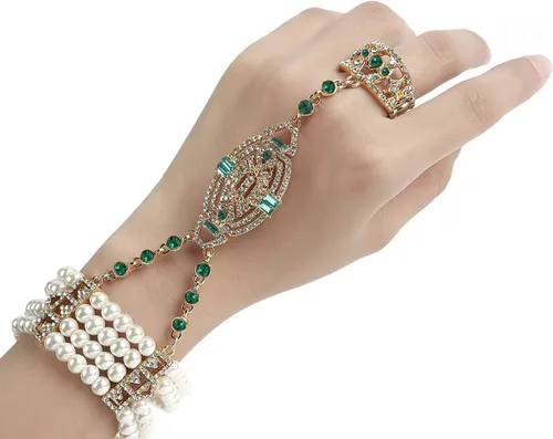 Miniatura 3 de Metme 1920s Flapper Pulsera Anillo Set Gatsby Accesorios Imitación Perla Cristal Pulsera Anillo Ajustable