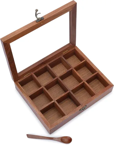 Miniatura 3 de Ajuny Caja de especias de madera de 10 x 8 pulgadas, organizador decorativo indio Masala Dabba con tapa de vidrio, 12 compartimentos y cuchara