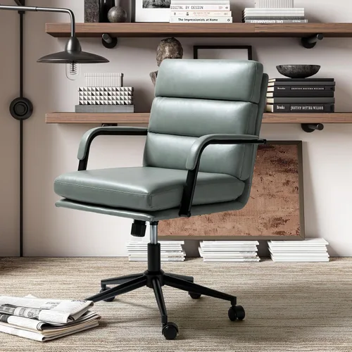 Miniatura 10 de HULALA HOME Silla moderna de piel sintética para oficina en casa con bloqueo de inclinación y base de metal, silla de escritorio con ruedas y cojín