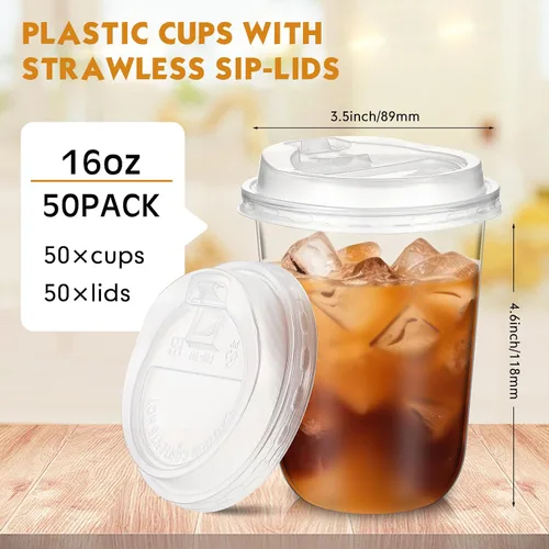 Miniatura 3 de Baderke 50 juegos de vasos de plástico transparente de 16 onzas con tapas, tazas de café helado resistentes con tapas, vasos de plástico desechables