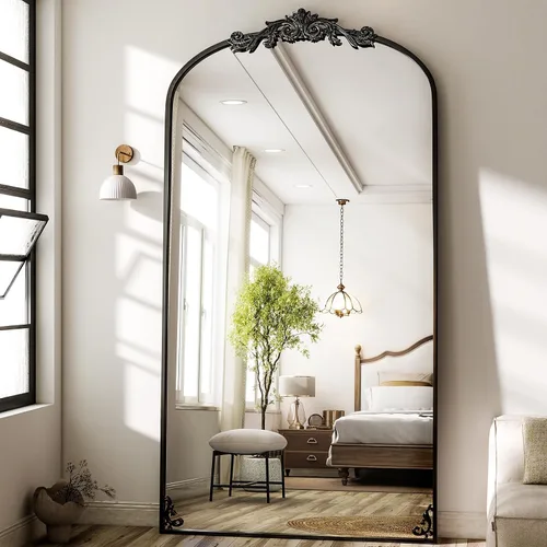 Miniatura 7 de GLSLAND Espejo Vintage - 72" x 44" Espejo de Cuerpo Completo Grande Tallado Arqueado con Marco de Metal Barroco Espejos de Cuerpo Completo para Negro