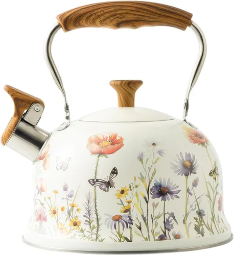 Miniatura 8 de Tetera para estufa, hervidor de té silbante de 2.5 cuartos de galón, estufa de acero inoxidable de grado alimenticio con mango plegable de madera