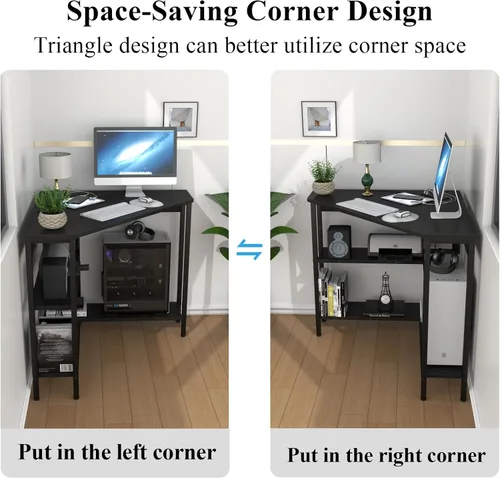 Miniatura 6 de Auromie Escritorio esquinero con tomas y puertos USB, mesa de esquina triangular de 90 grados con soporte para CPU y estantes de almacenamiento