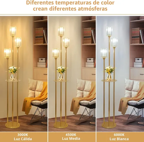 Miniatura 4 de HMVPL Lámparas de pie doradas para sala de estar, lámpara de pie moderna con estantes, lámparas de pie de cristal con mesa, lámpara alta de latón