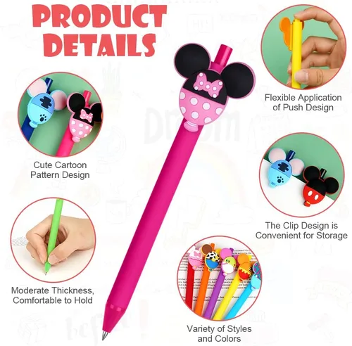 Miniatura 2 de AUAUY 10 bolígrafos de dibujos animados, bonitos bolígrafos de orejas de personaje con cabeza de ratón, bolígrafo retráctil, multicolor jumbo