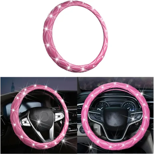 Miniatura 10 de Funda de volante de piel suave con diamantes de imitación de cristal, accesorios universales para SUV, camión, camioneta, automóvil (negro)