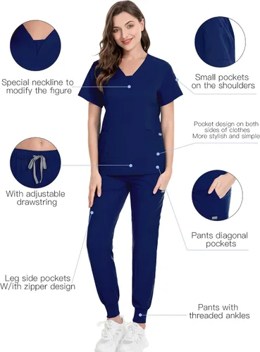 Miniatura 5 de niaahinn Conjunto de traje médico para mujer, moderno top con cuello en V y pantalones deportivos de pierna cónica con cordón de ajuste, conjunto